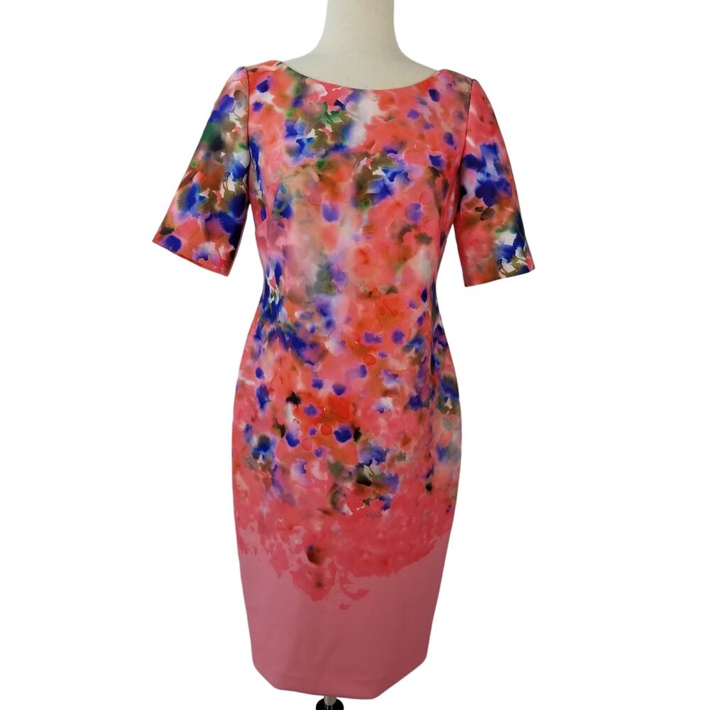 Ellen Tracy Pink Blue Green Abstract Floral Bodycon Dress Lovely Size 8